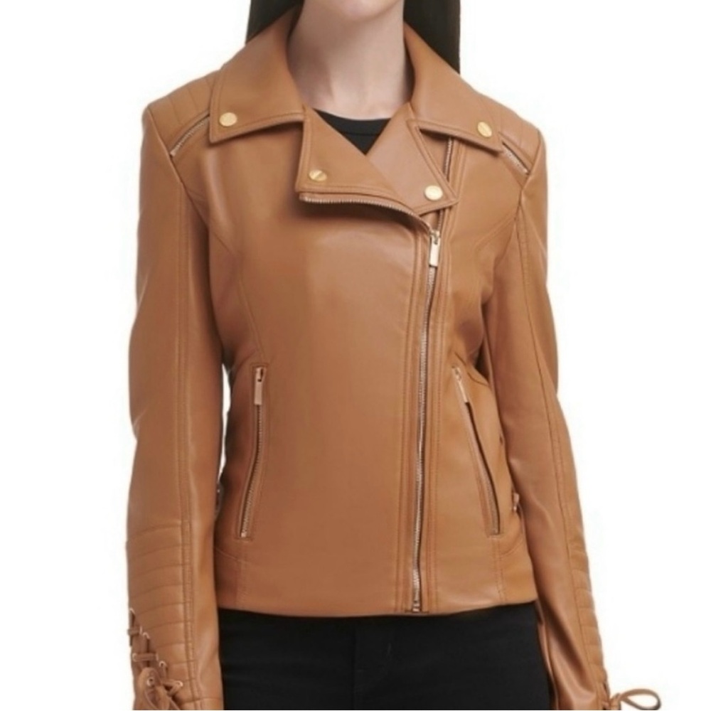 Guess Women's camel Tan Faux Leather Moto Jacket with Gold Accents NWOT